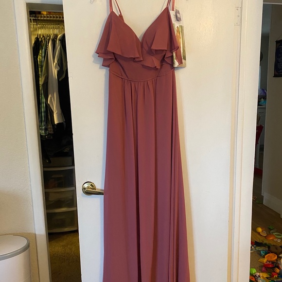 Morilee Chiffon Bridesmaid Dress with a Ruffled V-Neckline in Rosewood - Picture 4 of 5